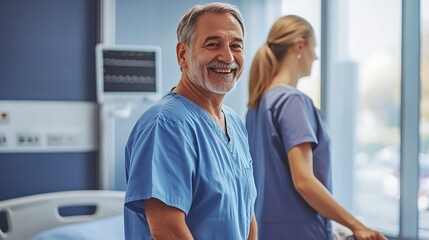 Nurse helping a patient with mobility exercises in a hospital room, showing dedication to patient recovery