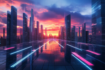 Fototapeta premium Futuristic cityscape with neon lights at sunset.