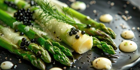 Close up of rolled asparagus adorned with truffle cheese and caviar elegantly presented on a sleek black plate