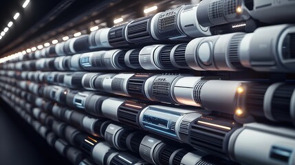 Cutting-Edge Data Center Infrastructure: 3D Clay Illustration of Modern Server Rack Farm with Glowing LED Lights