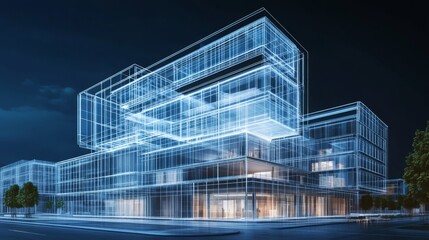 Fototapeta premium Modern building in a city at night. The building is illuminated by street lights, and there are trees in the foreground.