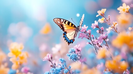 A vibrant butterfly resting on colorful flowers in a serene landscape, capturing the essence of nature's beauty and tranquility.