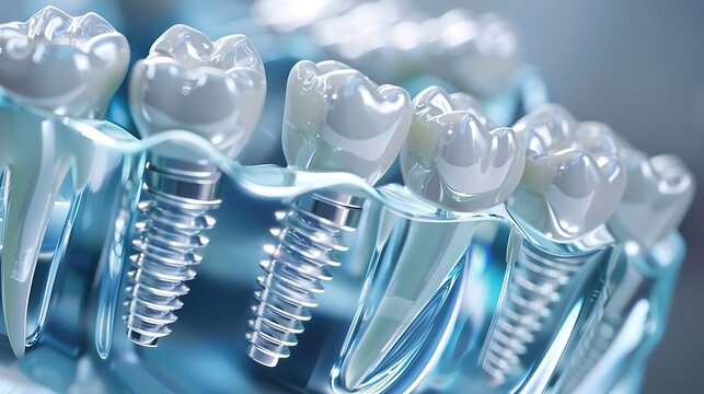 Close-up of a dental implant model with showcasing implants and teeth for modern dentistry oral health restoration and advanced dental technology concept.