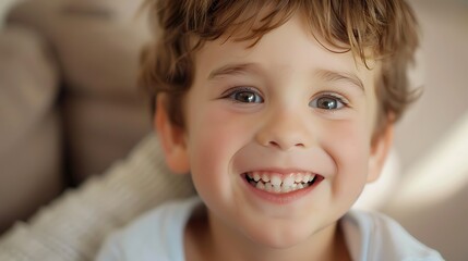 Portrait of a little boy with a bright, contagious smile. His eyes sparkle with joy and his face is full of delight. The photo captures the pure happiness and innocence of childhood.