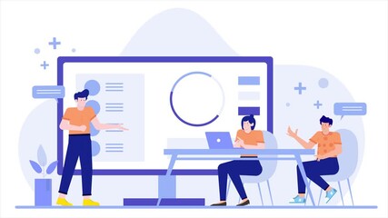 A digital illustration showing a team discussing ideas business animated video
