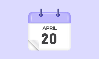 April 20 - calendar and Time planner. Daily Calendar Icon reminder. Vector Illustration.