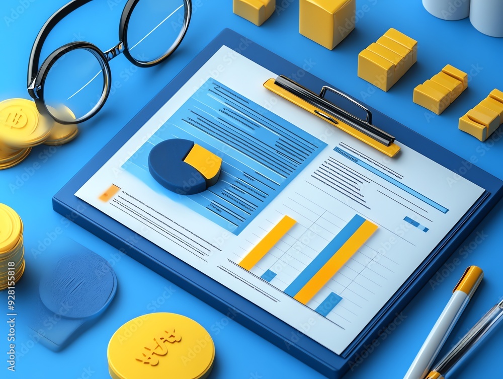 Poster business analysis and strategy with charts on clipboard.