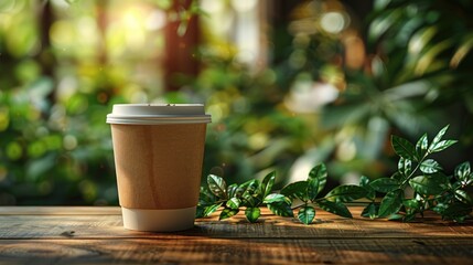 Eco-Friendly Coffee Cup Mockup on Wooden Table with Plants