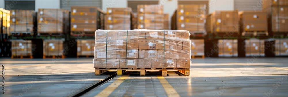 Poster package boxes wrapped in plastic stacked on pallets loaded onto container trucks loading dock in war