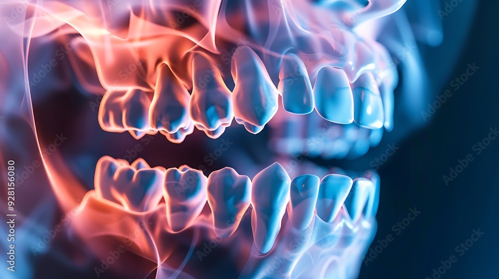 Poster 3d rendering of a skull with flames around it, showcasing the teeth in a dramatic and abstract way.