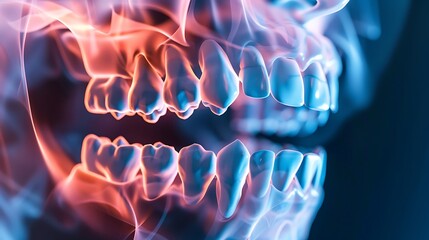3D rendering of a skull with flames around it for dramatic visual effect teeth in abstract artistic expression and surreal digital art style concept.