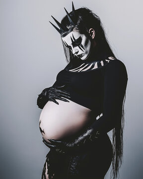 elegant photography of a blackmetal girl with white corpsepaint makeup with black sharp accents, holding her pregnant belly