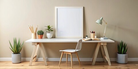 A minimalist white desk with a blank poster standing upright on a wooden table, surrounded by design tools and supplies, against a soft pastel background.