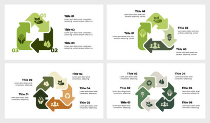 Ecology infographic. Sustainable home. Renewable energy. 3, 4, 5, 6 arrows diagram. Green house. Environmental care. Recycle innovations. Eco friendly real estate. Nature icon logo. Smart technology