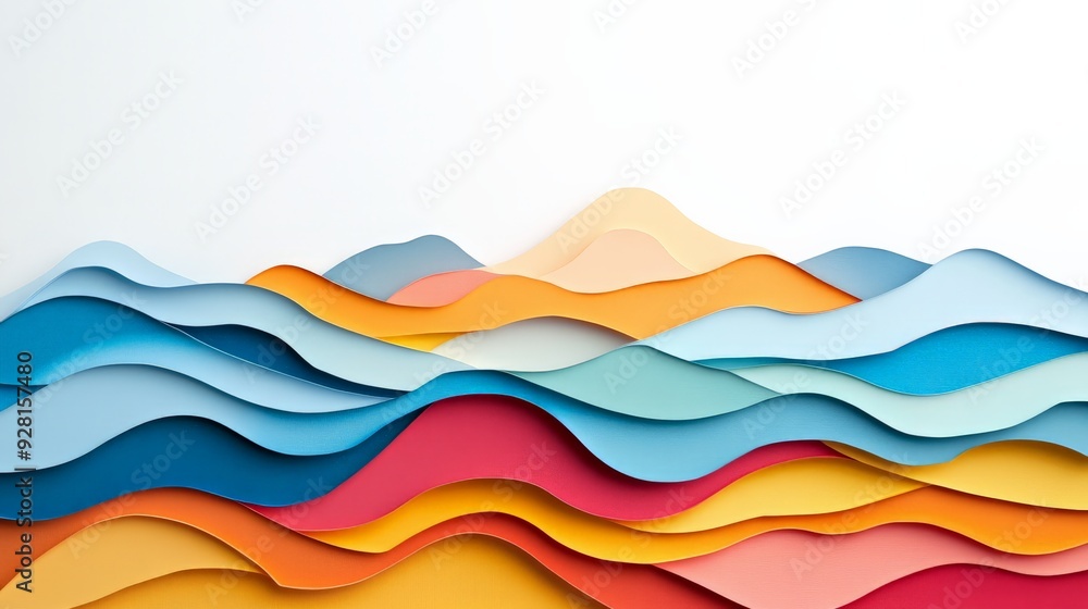 Poster vibrant multicolored abstract paper waves creating a layered texture on a clean white background, pe