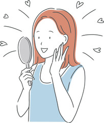 笑顔で手鏡を見ている女性のイラスト素材