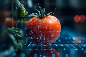A vibrant tomato with digital circuitry patterns, symbolizing the fusion of technology and agriculture, set against a modern, illuminated background.