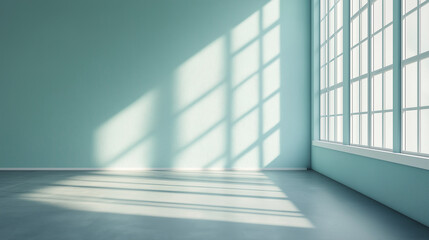 empty room with pastel blue walls, large windows casting soft shadows