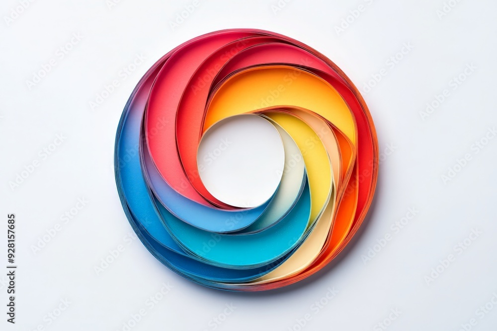 Poster vibrant circular abstract paper art with a colorful swirl pattern on a white background, ideal for c
