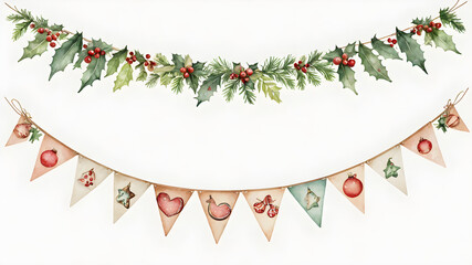 Christmas bunting clipart, made of natural materials, watercolor illustration, soft hues, isolated on white background