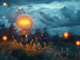 A glowing vintage light bulb stands amidst a serene landscape, illuminating the evening sky filled with soft clouds and fireflies.