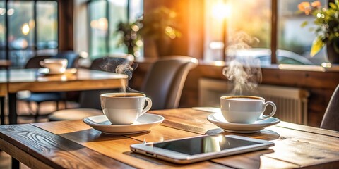 A modern mobile device lies on a small wooden table amidst steaming cups and scattered papers, surrounded by cozy atmosphere of a bustling coffee house.