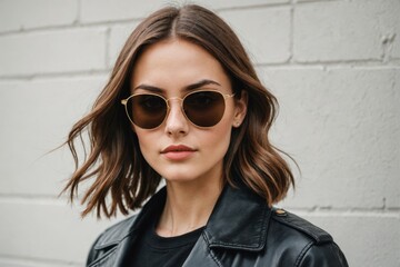Trendy hipster woman beauty model with cool golden sunglasses in black fashionable outwear with leather black coat and t-shirt stands near a white wall