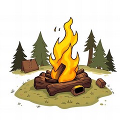cartoon illustration of a campfire in a field with trees.