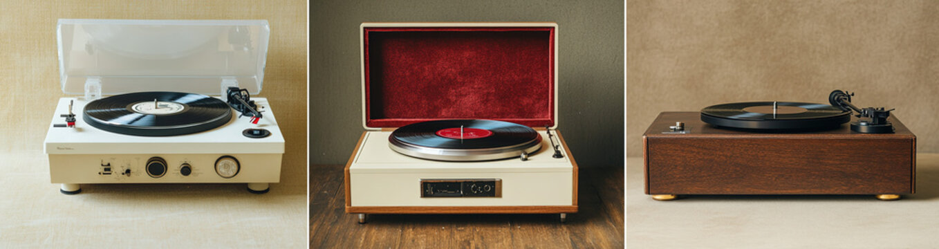 Variety of vinyl record players: a retro white plastic turntable with wooden base and red velvet cover, a sophisticated brown wood-grained model with cream paint and brass accents, and an elegant beig