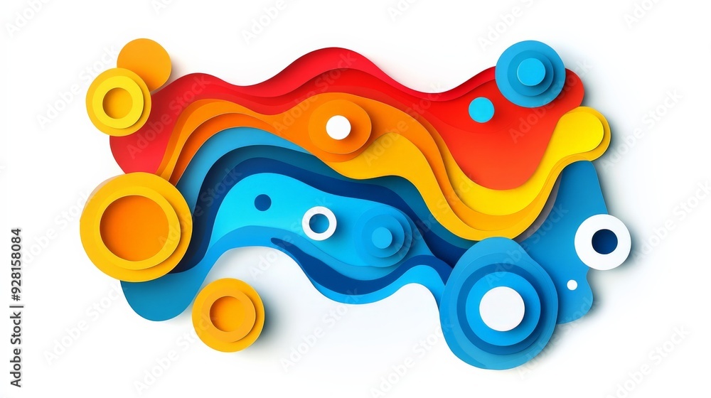 Poster vibrant abstract paper art with multicolored shapes forming a dynamic flow on a white background, in