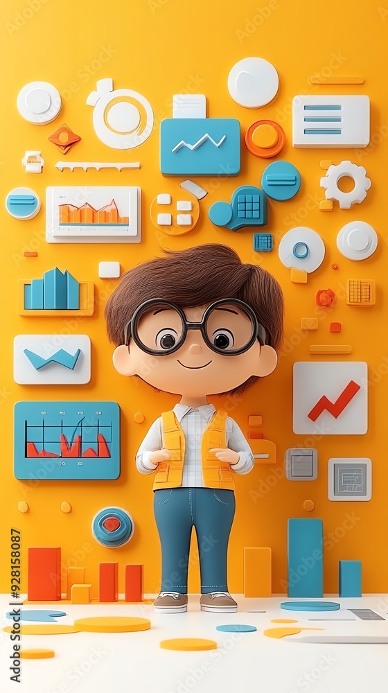 Poster Cartoon character standing in front of a wall with various charts and diagrams.