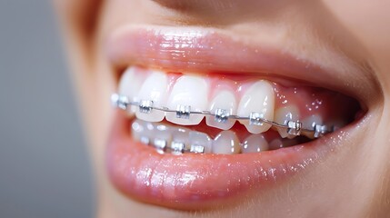 Close-up view of a person's mouth with braces, showcasing a healthy, bright, and confident smile.