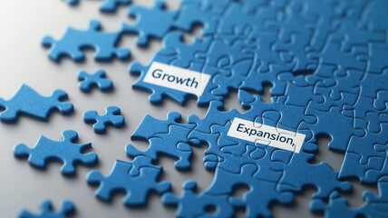 An abstract puzzle coming together with pieces labeled "Growth" and "Expansion," symbolizing strategic business planning