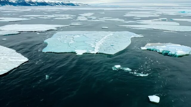 Ice formations drift gently in calm Arctic waters as clouds linger overhead, showcasing a stunning natural landscape in early afternoon light.