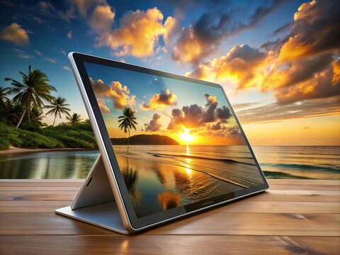 A modern tablet device mounted on a sleek metal stand, displaying a breathtaking panoramic view of a tropical beach at sunset.