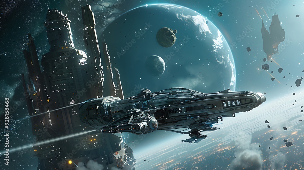 Poster spaceship in orbit around a planet, with other celestial bodies in the background. this futuristic i