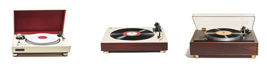 Obraz premium Variety of vinyl record players: a retro white plastic turntable with wooden base and red velvet cover, a sophisticated brown wood-grained model with cream paint and brass accents, and an elegant beig