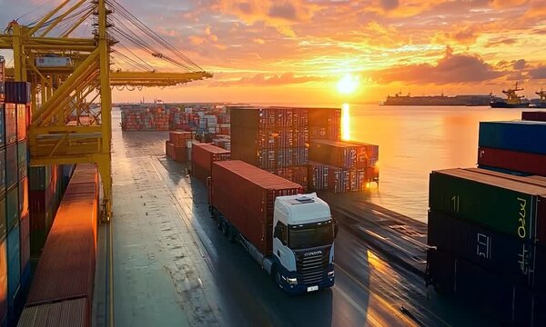 A white semi-trailer truck drives through a shipping port at sunset, surrounded by cargo containers.