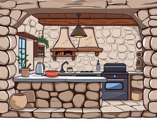 cartoon kitchen with stone walls and a stove and sink.