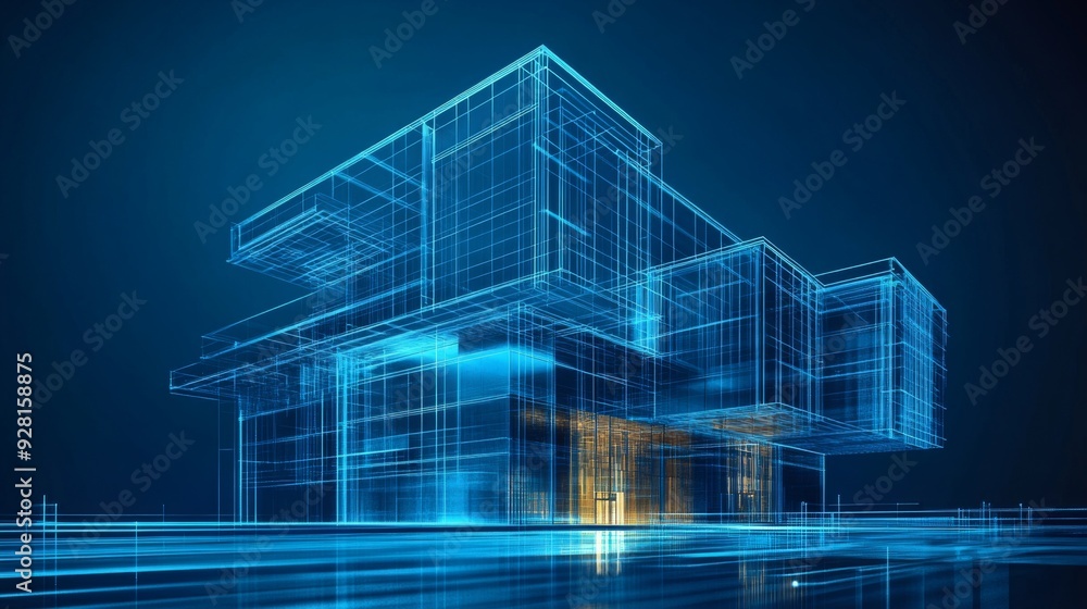Poster futuristic wireframe building architecture design.