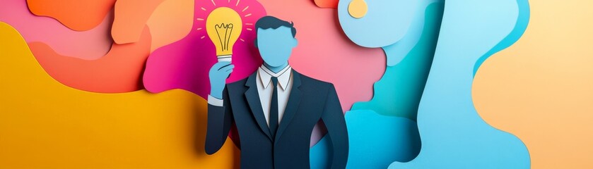 Creative concept of a businessman holding a light bulb idea against a colorful abstract background, symbolizing innovation and inspiration.