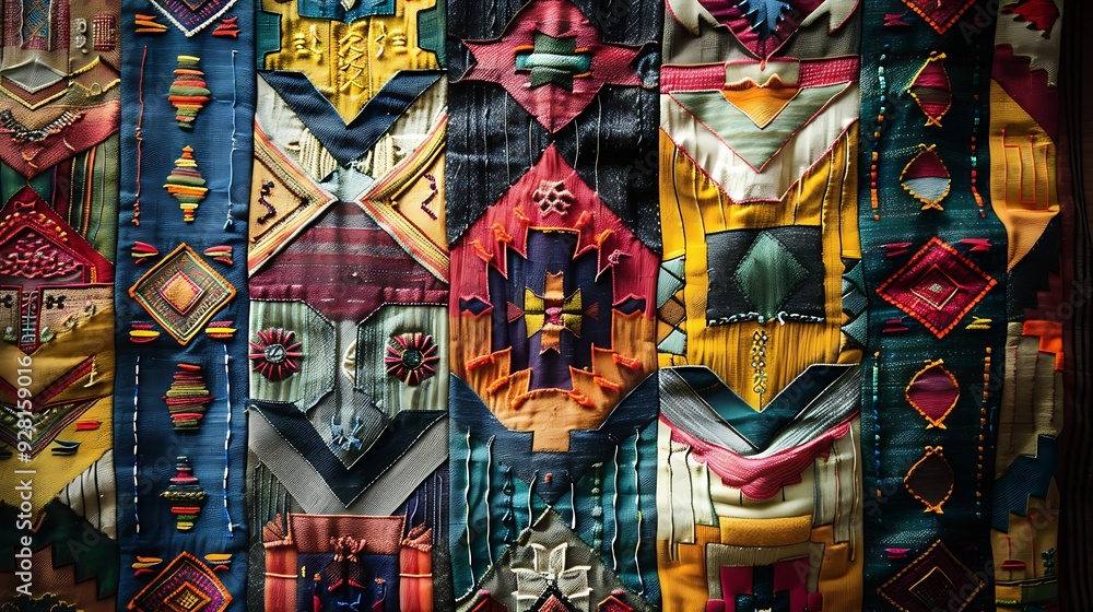 Poster close-up shot of a vibrant textile with intricate geometric patterns. the design features colorful f