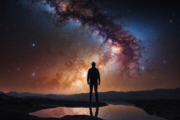Obraz premium Starry sky with a person standing on a mountain top