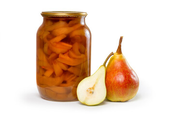 A jar of pear jam and fresh pears on a white background. Natural fruit jam.
