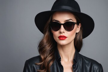 Fashion portrait pretty woman with red lips wearing a black hat sunglasses over grey background