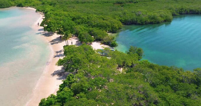 Lake Surrounded By Vegetation On Caribbean Coast In Morrocoy National Park, Venezuela. orbiting drone shot