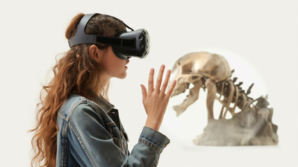 A woman wearing a virtual reality headset is looking at a dinosaur skeleton