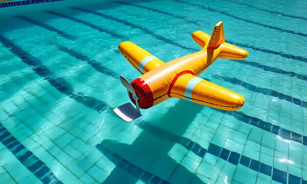 A yellow inflatable airplane floating on blue water in a swimming pool.