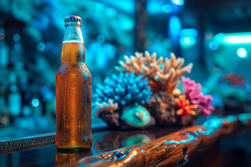 bottle of beer on a Black Walnut Slab table next to coral decoration with aquarium as background