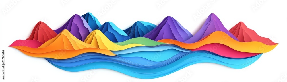 Poster colorful paper art depicting abstract mountains and waves in vivid gradients and dynamic shape, idea